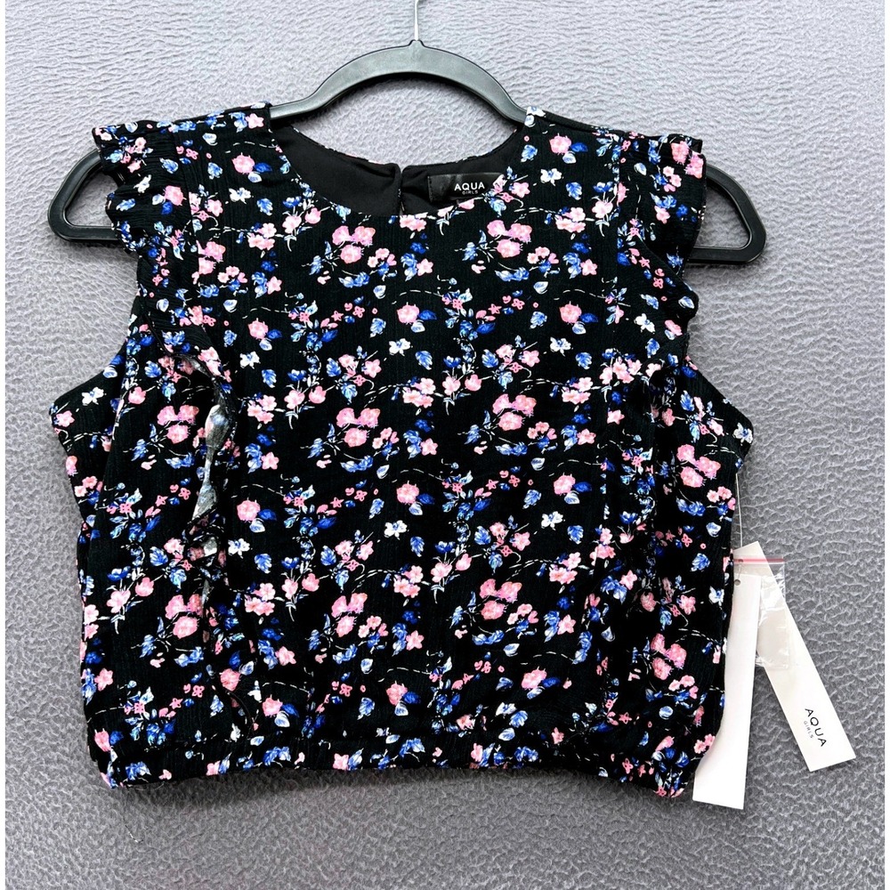AQUA Girls Blouse XL Bloomingdales Floral Print Ruffle Cold Shoulder  Black NWT